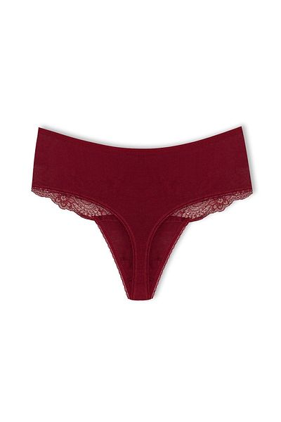 HNX Burgundy Cotton Lace Front High Waist Large Size Thong Women's Panties