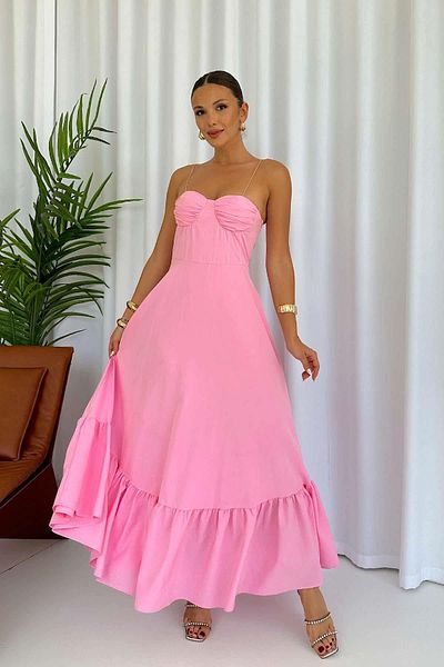 Mine Tan Butik Ροζ φόρεμα με δέσιμο στους ώμους με λεπτομέρεια και λαβή