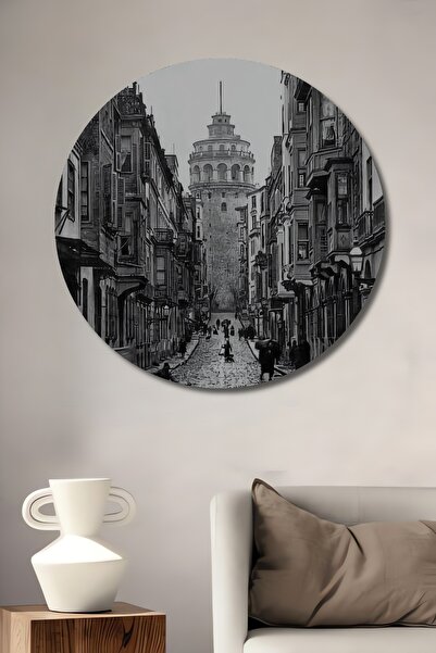 Teona Ahşap Dekoratif Yuvarlak Ahşap Tablo 1900'lü Yıllar İstanbul Galata Kulesi