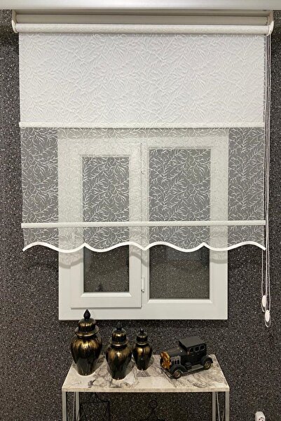 İNCİLİFE Çift Mekanizmalı Dal  Desenli Tül ve Stor Perde Kırık Beyaz (Alüminy...