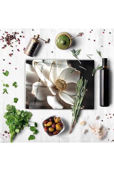 Zerawall Glass Cutting Board and Presentation Table |   White Big Flower |