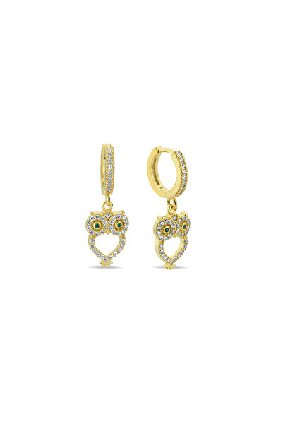 Nereze 925 Ayar Gümüş Gold Kaplama 10 mm Halka Sallantılı Baykuş Küpe