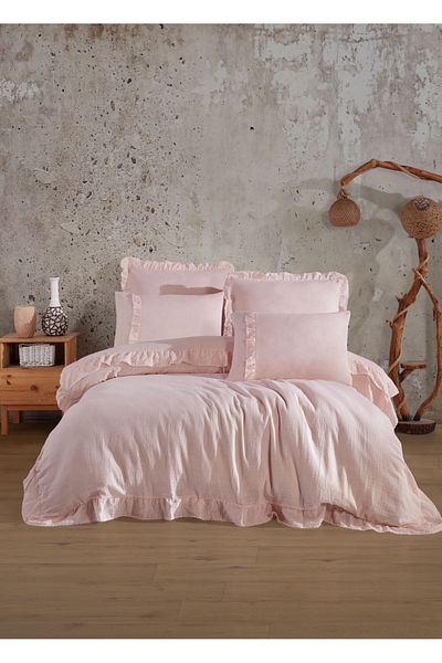 Dantela Allegra Muslin Duvet Cover Set - Frilly, Powder