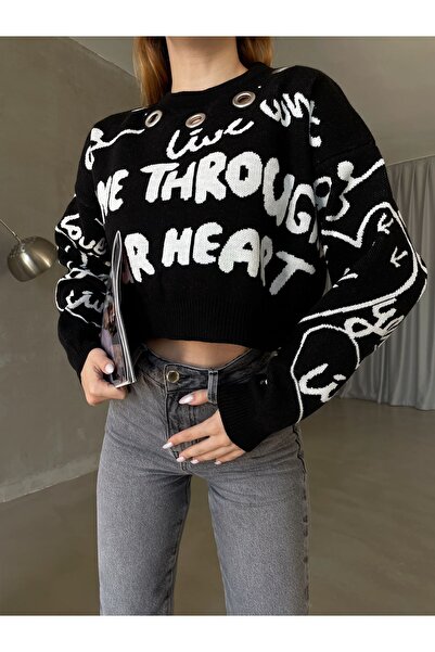 Elilook Women's Design Jacquard Eyelet Detailed Crop Sweater