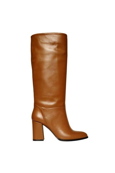 Platin Taba Deri Kadın Topuklu Çizme