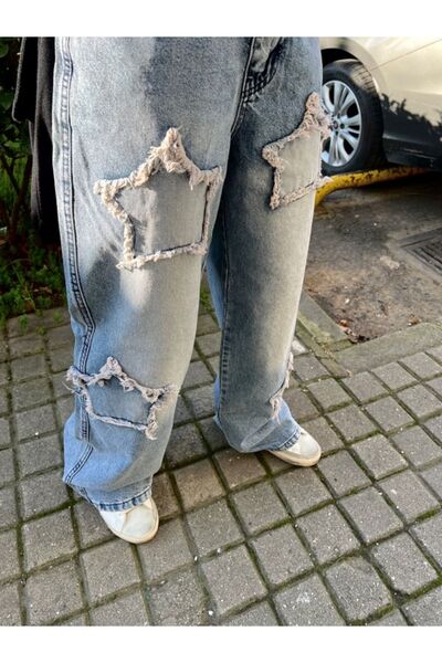 BİLBEC JEANS Y2k Stars Patch Detail Μπλε παντελόνι που πλένεται με χιόνι Day Light Star Detail Φαρδύ παντελόνι