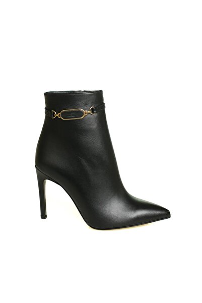 Platin Siyah Deri Kadın Topuklu Bot