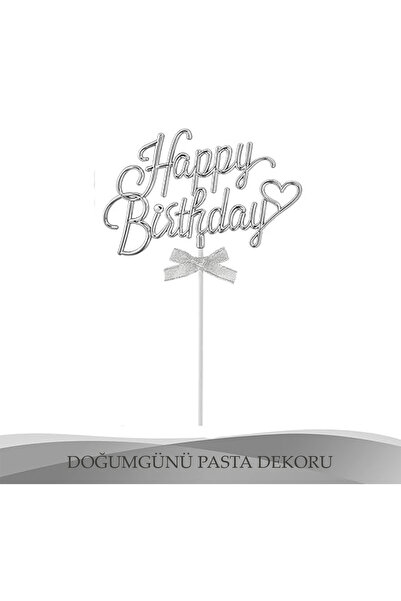 Partimarka Gümüş Renk Pasta Üstü Happy Birthday Süs