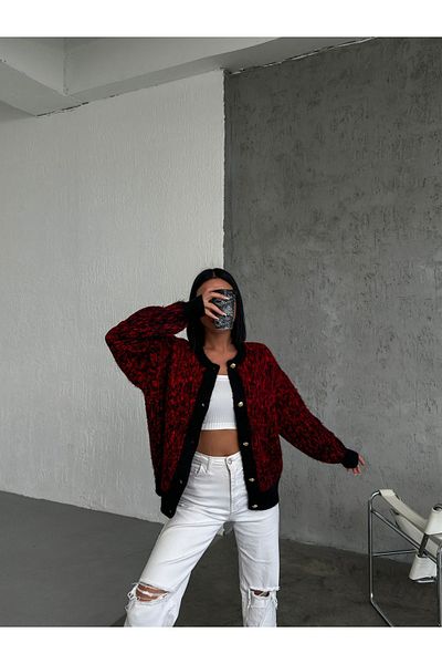 Elilook Gold Buttoned Raised Crew Neck Women's Cardigan