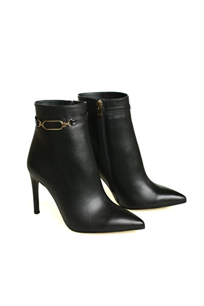 Platin Siyah Deri Kadın Topuklu Bot