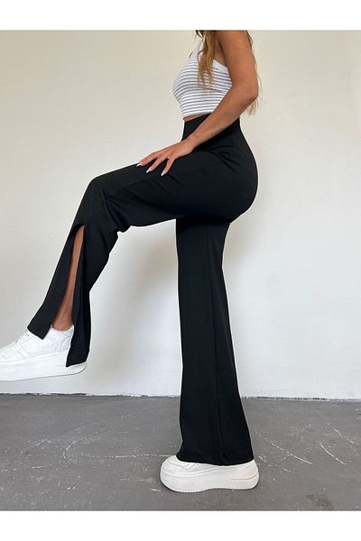 CNRCollection Loose Relaxed Fit Black Women's Trousers with High Waist and Soft Fabric - Wide Leg and Slit