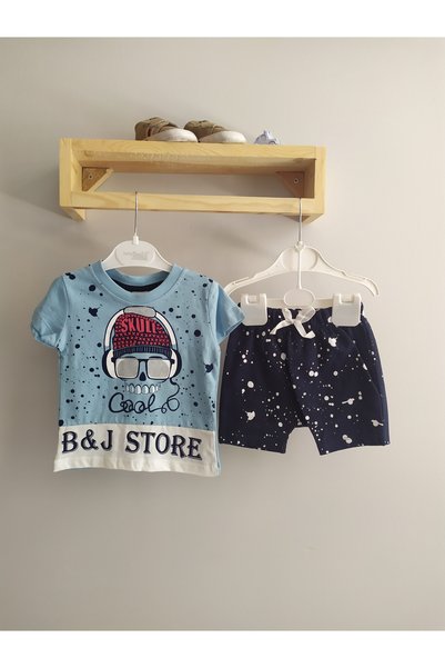 minilkabebe erkek bebek puantiyeli baskılı tişört + şort takım mavi