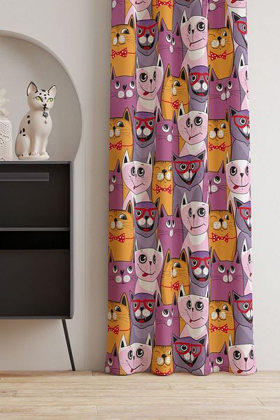 AYSHOME Ays Home Cat Patterned Background Curtain - Pay Attention to the Size