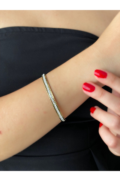 JELLY Kadın Çelik Gold Renk Zirkon Taşlı Ajda Model Kibrit Çöpü Bilezik