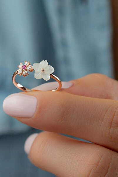 Silvano Jewelry 925 Ayar Gümüş Rose Taşlı Yonca Sedef Yüzük