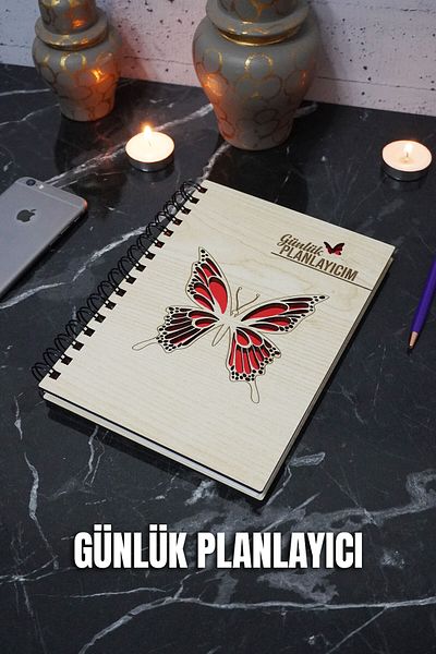 markcat Caiet de planuri cu design fluture din lemn - Agenda zilnică și planificator - dimensiune A5