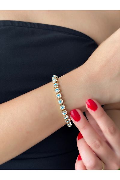 JELLY Gold Colored Steel GlItterIng Eye DesIgn Bracelet wIth zIrcon and EvIl Eye Beads