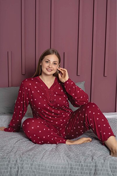 Temporium Red Large Size Patterned Bamboo Pajamas Set - Button Collar, Long Sleeve