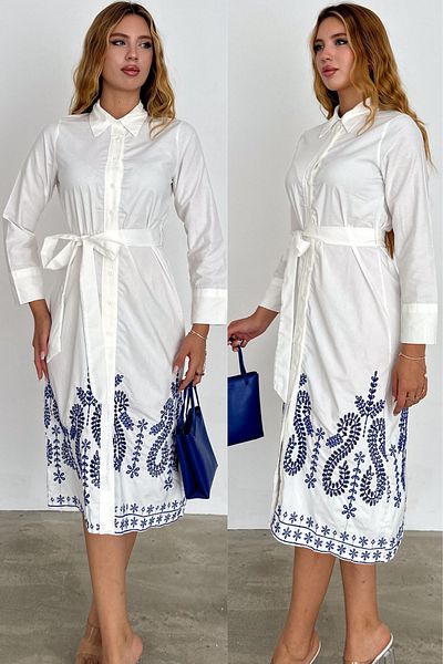 FEMELLE Λευκό Κεντημένο Βαμβακερό Φόρεμα - Ζώνη και Σκίσιμο