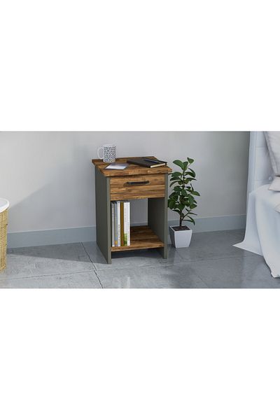 Mahmayi Modern Nightstand - Dark Oak/Grey, Open Shelves, Drawer Storage, Easy Assembly