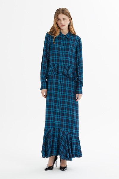 kı.we Volan Detaylı Ekose Desenli Düğmeli Mavi Uzun Elbise