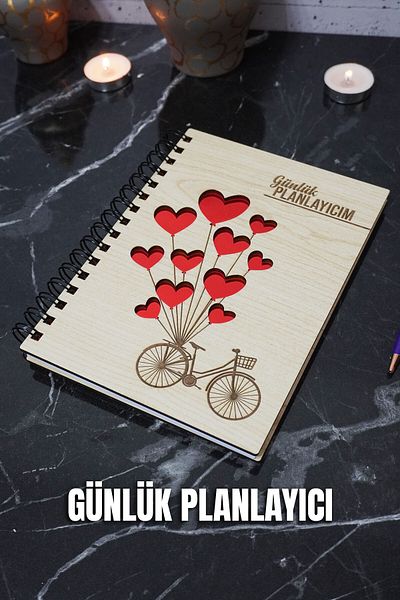 markcat Caiet de planuri din lemn cu balon inimă pentru biciclete - Planificator zilnic A5