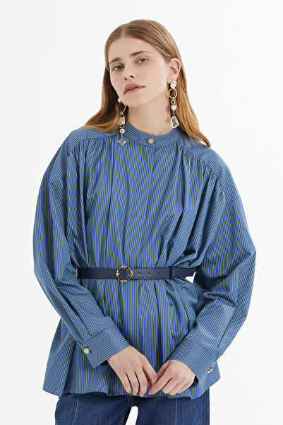 kı.we Yaka Fırfır Detaylı Ön Fermuarlı Çizgili Mavi Poplin Gömlek