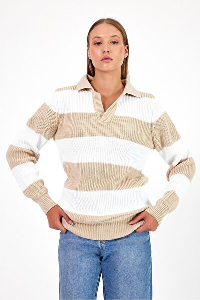 COOL TARZ Дамска раирана комфортна плетена блуза с V-образно деколте