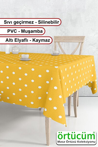 Örtücüm Sarı Beyaz Puantiyeli Silinebilir Pvc Muşamba Mutfak Masa Örtüsü Leke...