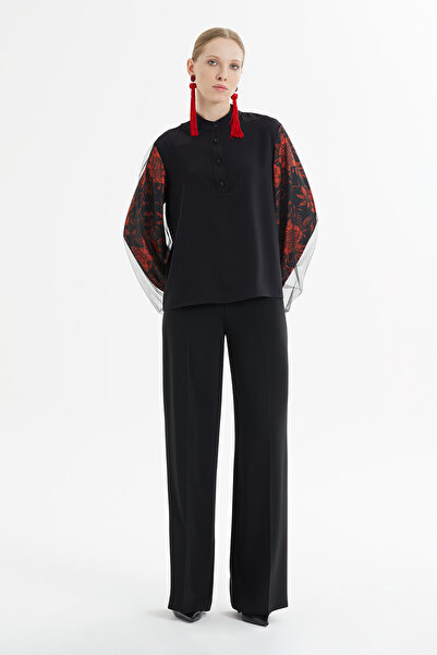 kı.we Kolları Tül Detaylı Bluz Bol Paça Pantolonlu Siyah Takım