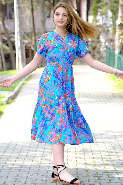 AVORWE Rochie midi cu decolteu dublu, cu fustă florală și mâneci cu volane