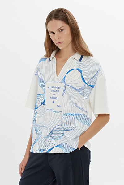 GIZIA SPORT Mavi Çizgi Desenli Kısa Kollu V Yaka Ekru Tshirt