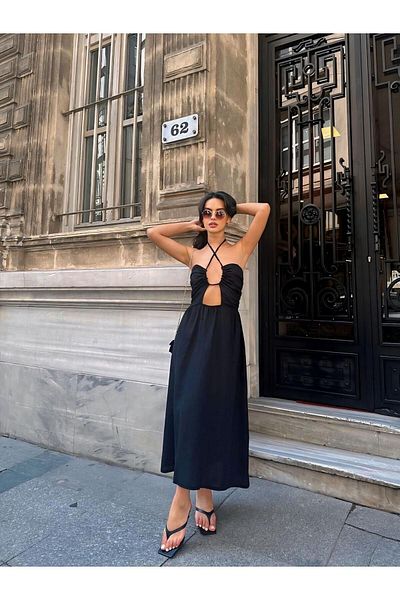 TRİKOM Women's Long Dress - Chest Cutout and Halter Neck