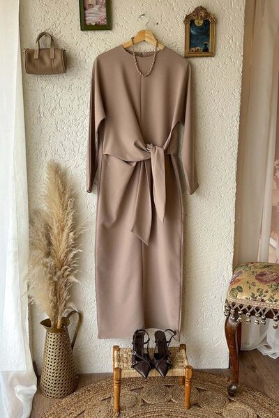 Ceylan Otantik Crepe Dress - mink Color, Tie-front Design