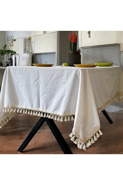 NDC HOME Organic Raw Linen Cream Pompom Tablecloth