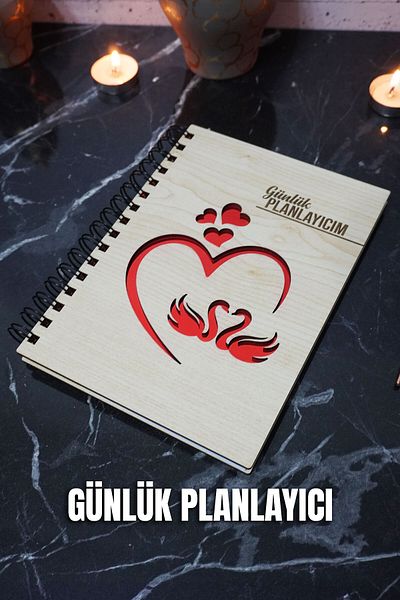markcat A5 Swan Love Design - Caiet de planificare zilnică, copertă din lemn, planificare nedatată și nedată