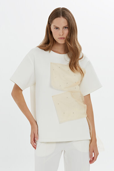 GIZIA SPORT Önü İşlemeli Ekru Kısa Kollu Ekru Tshirt