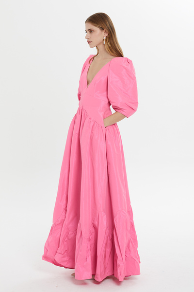 GİZİA Pink Long Dress - V-neck, Deep Chest and Back Low-cut, Lined