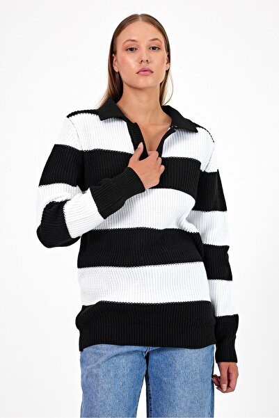 COOL TARZ Дамска раирана комфортна плетена блуза с V-образно деколте