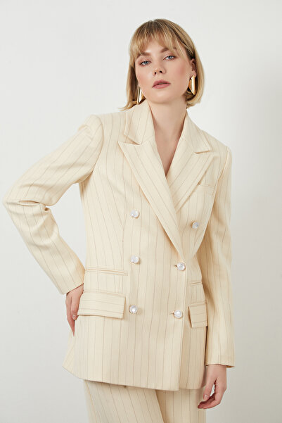 GİZİA İnci Düğme Detaylı Çizgili Ekru Ceket
