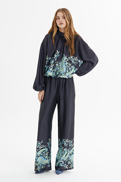 kı.we Balon Kollu Çiçek Desenli Puantiyeli Lacivert Takım