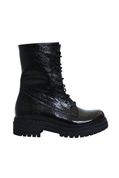 Platin Siyah Rugan Deri Kadın Postal Bot