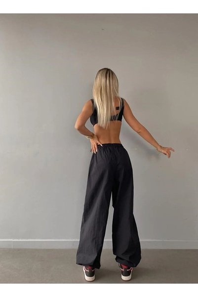 NFTY Parachute Fabric Soft Textured Loose Cut Black Trousers