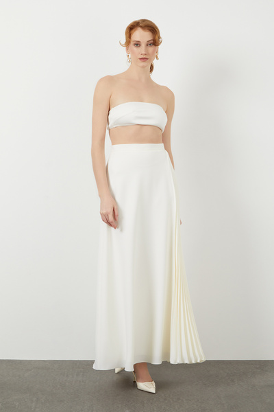 GİZİA Yüksek Bel Pile Detaylı Uzun Ekru Etek