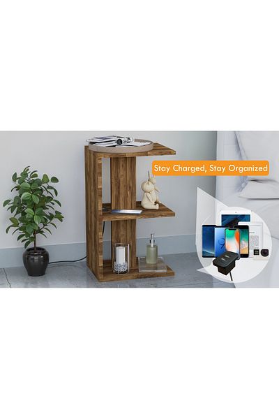 Mahmayi E-Shape Night Stand with USB Ports & Open Shelves - Dark Hunton Oak, Easy Assembly
