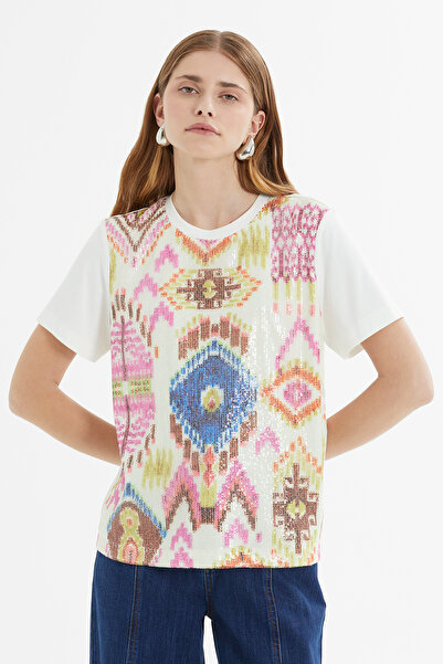 kı.we Ön Beden Pul Payet Desenli Kısa Kollu Ekru Tshirt