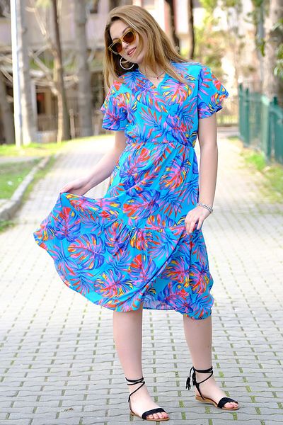 AVORWE Rochie midi cu decolteu dublu, cu fustă florală și mâneci cu volane