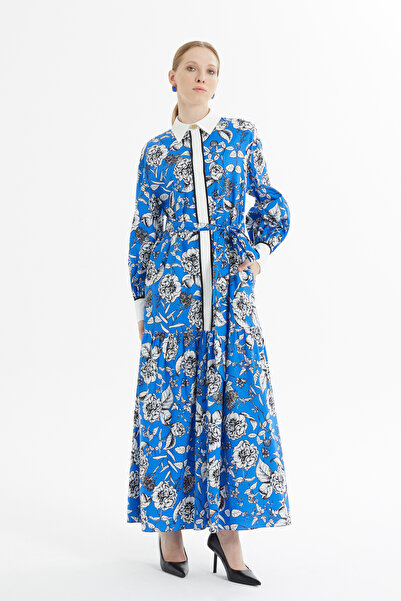 kı.we Gömlek Yaka Beli Kuşaklı Desenli Mavi Uzun Elbise