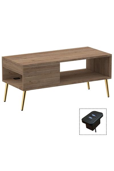 Mahmayi Modern Coffee Table with USB Port & Storage Shelf - Truffle Davos Oak, Ideal for Any Room