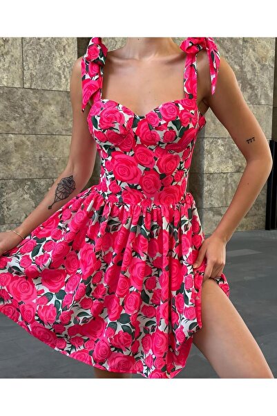 TRİKOM Rochie mini de damă cu imprimeu floral cu detaliu pe umeri